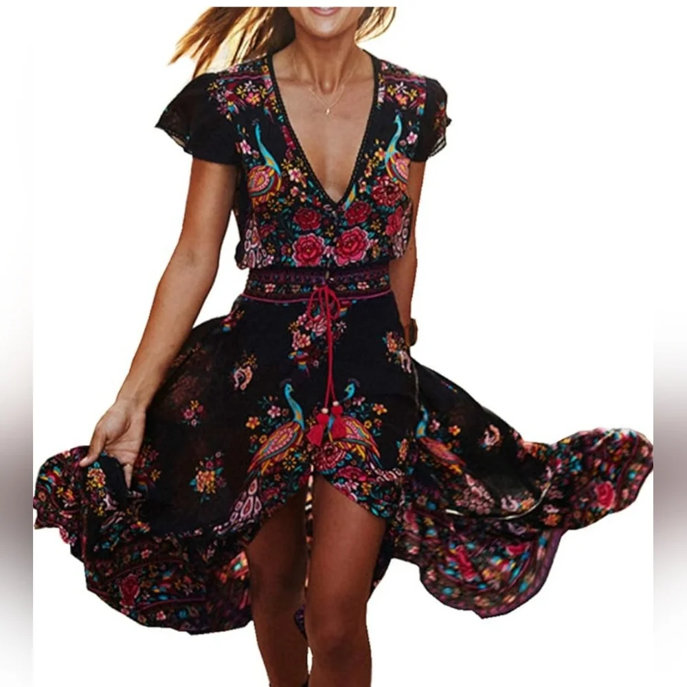 Floral Black Sheer Swim Coverup Dress With Flower And Bird Print One Size